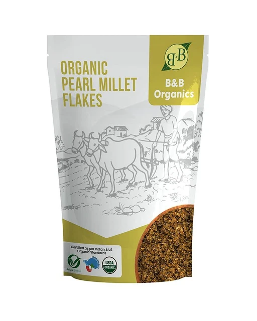 Biologische und reine Perlhirseflocken Pennisetum glaucum Packung mit 100g