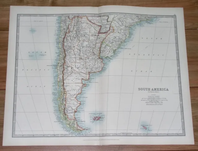 1913 Original Antique Map Of Argentina Chile Falklands / South America