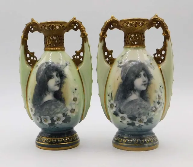 Pair Antique Ernst Wahliss Art Nouveau Portrait Vases Gold Handles Hand Painted