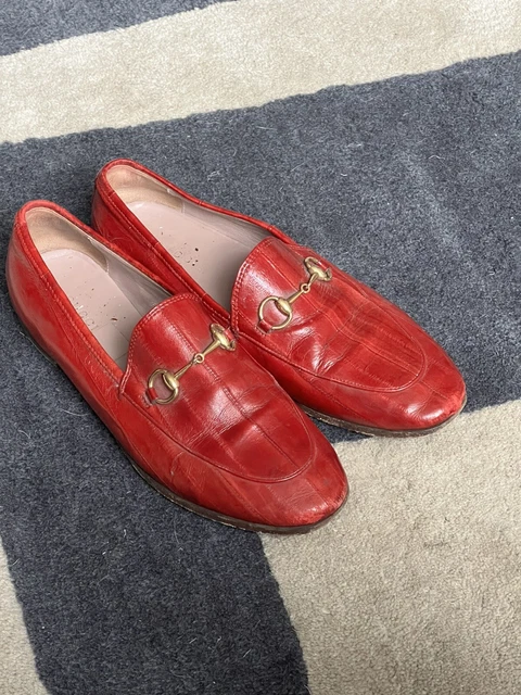 GUCCI Red Eel Skin Jordaan Horsebit Accent Loafers Flats Size 38.5