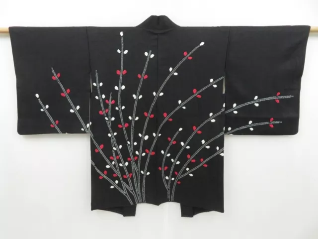 3202T06z550 Vintage Japanese Kimono Silk HAORI Flower Black
