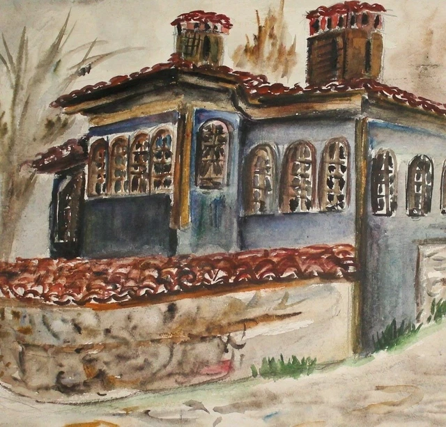 TABLEAU ANCIEN AQUARELLE moderniste paysage arbre signé EUR 148,88