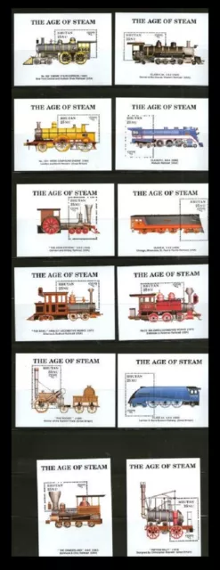 165.Bhutan 1990 Set/12 Stamp M/S Age Of Steam, Trains, Locomotives . Mnh