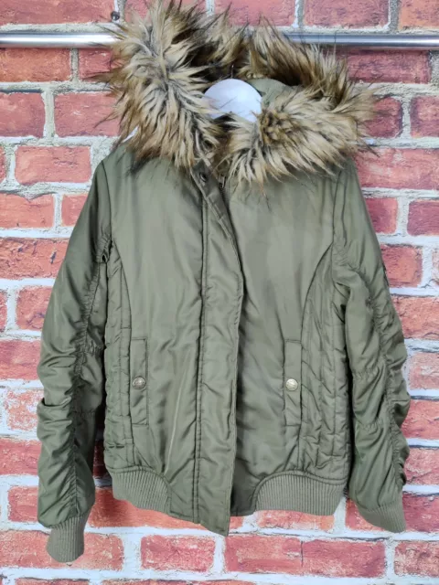 Girls Next Kids Age 10Yrs 140Cms Khaki Winter Faux Fur Hood Bomber Coat Jacket