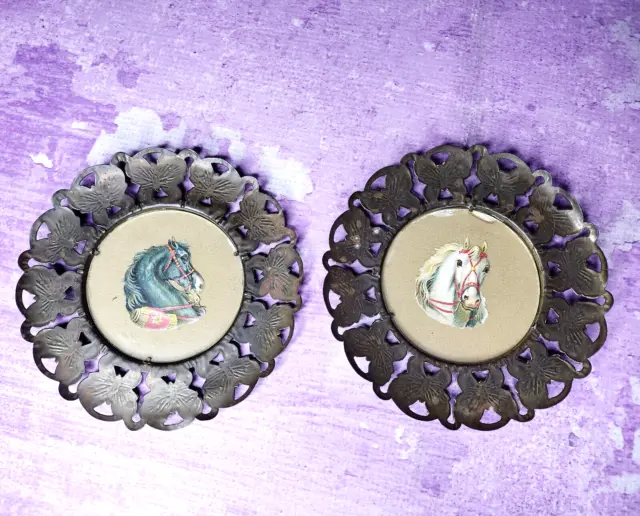 Metal Wall Art Horse Heads Round Plaques Reticulated 6 Inch Decor Vintage Pair