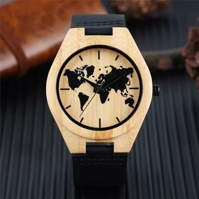 Real Nature Wood World Map Leather Strap Men Student Quartz Wrist Watch Gift