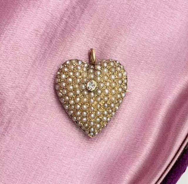 Victorien Ancien Mine Diamant Perle Pendentif Coeur Broche 14 Carat Or Ancien