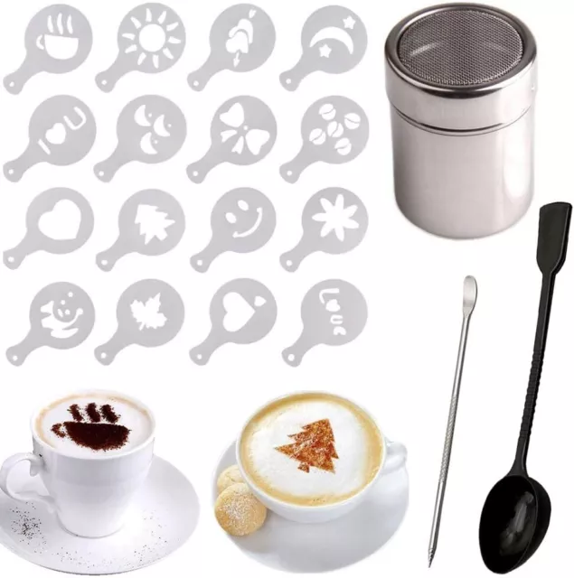 Stainless Steel Chocolate Shaker Duster + 16 Cappuccino Coffee Barista Stencils