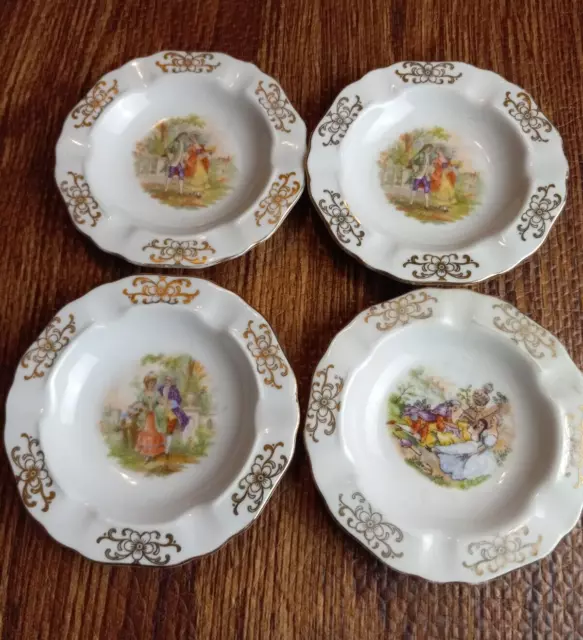 Bavaria Germany Winterling Scenic Dishes With Gold Trim Ashtray 4" Round (4)