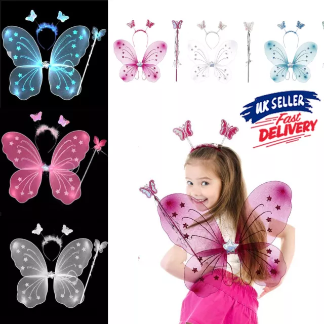 3pcs Butterfly Angel Princess Wand Fairy Wings Set Dress Up Girl Wing Hairband