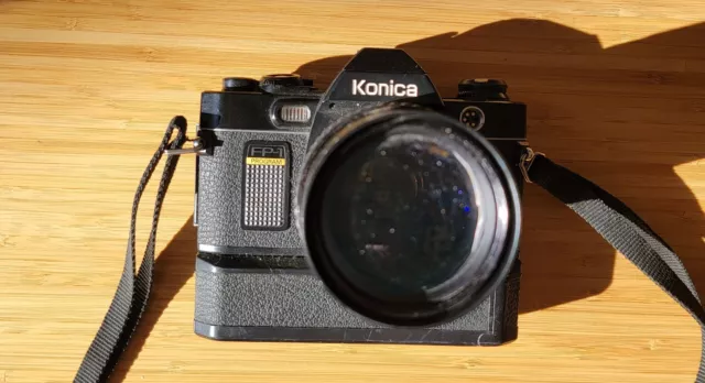 Konica FP-1 Film SLR Camera With Makinon 135mm Lens And Original Bag Auto Winder