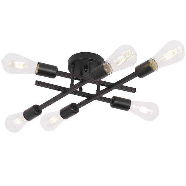 Semi Flush Mount Ceiling Light 6 Lights Modern Sputnik Chandelier Black Matte...