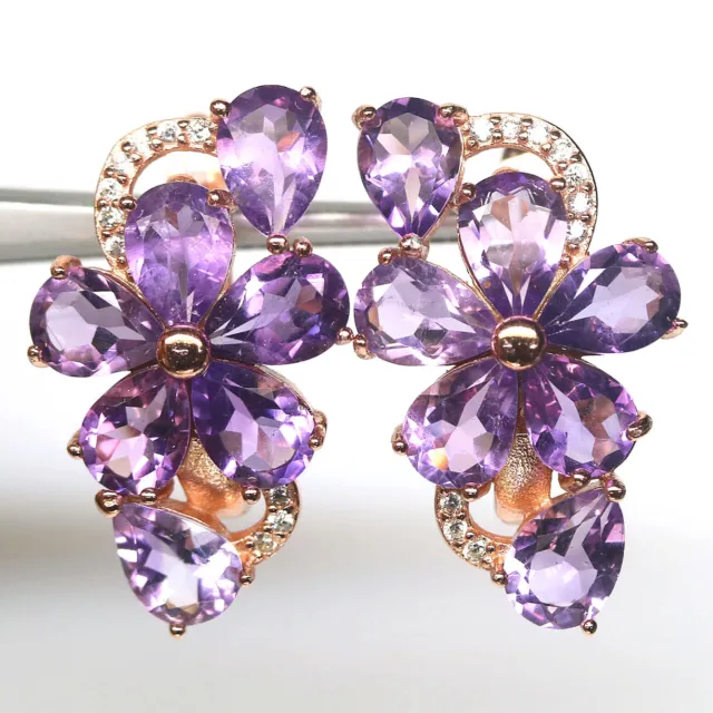 Non Chauffé Violet Améthyste Et Zircone Boucles D'Oreilles 925 Massif