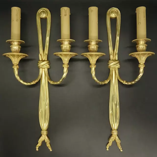 Large Pair Of Sconces Ribbons Decor Louis Xvi Style - Bronze - French Antique