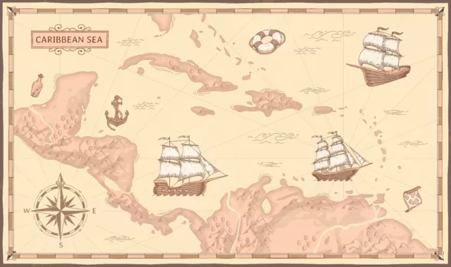 Old Caribbean Sea Map Compass Limited Edition Premium Poster 91x61cm
