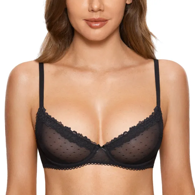 Womens Sexy Sheer Lace Bra See Through Unlined Bras Demi
