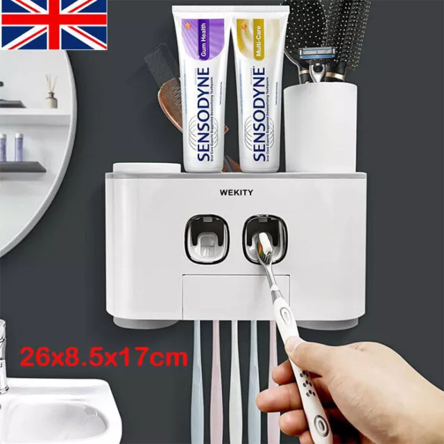 Automatic Toothpaste Dispenser With 5 Toothbrush Holder 4 Cup Stand Wall Mounted