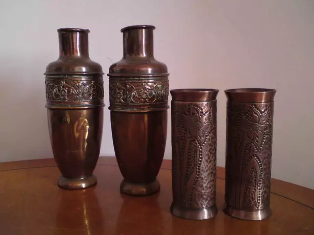 Job Lot Two Pair Arts & Crafts Copper Vases & Brush pot (4 pieces)