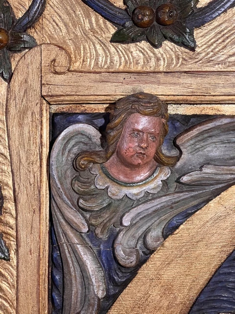 19th Century Carved Polychrome Giltwood & Parcel Gilt Cherub Relief Panel
