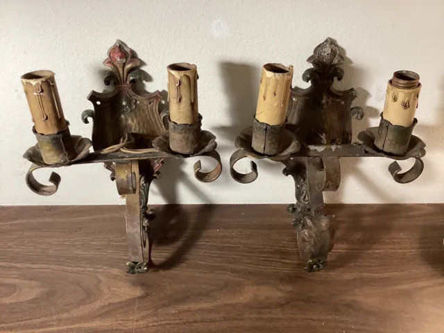 2 Antique Vintage Metal Wall Sconces Gothic Rusty For Restoration