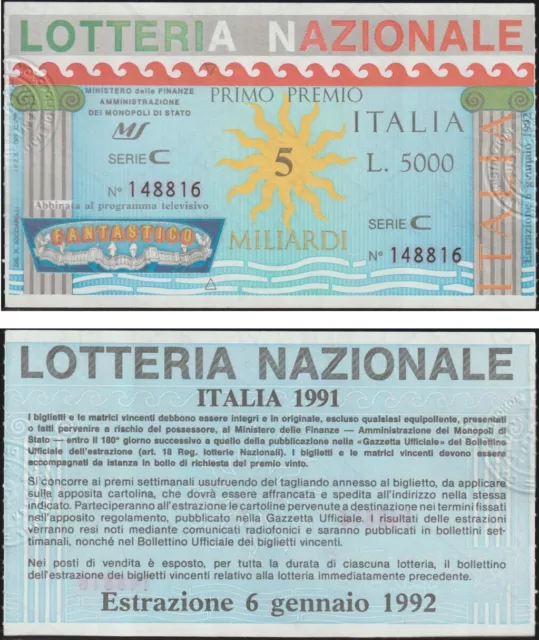 Italia Biglietto Lotteria Italia 1991 "Perfetto"