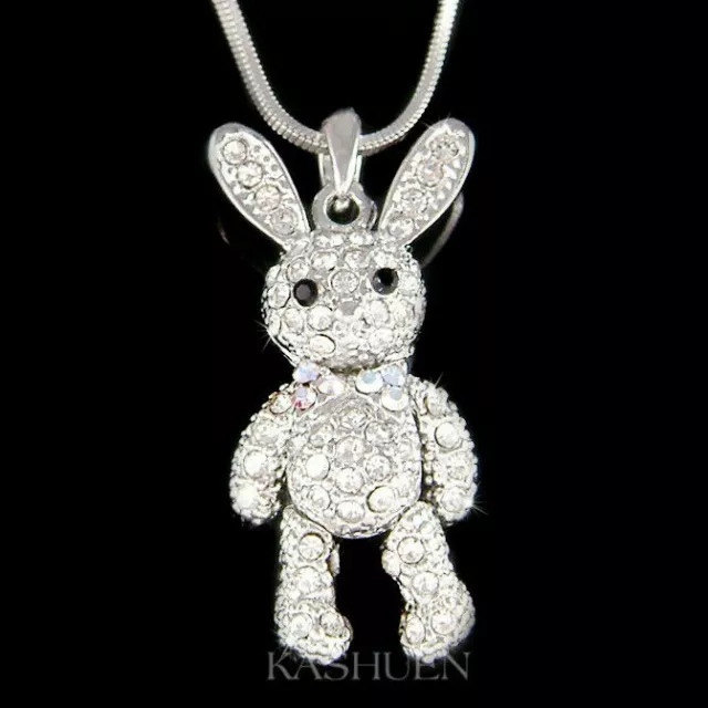 Cute Movable Girls Bunny made with Swarovski Crystal Hare Easter Rabbit Necklace