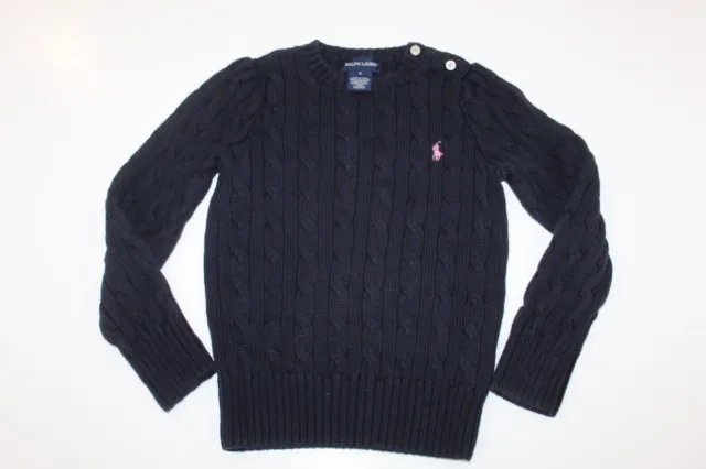 Girls Polo Ralph Lauren Cable Knit Crew Neck Sweater Blue  Pink Pony Size 6 Kids