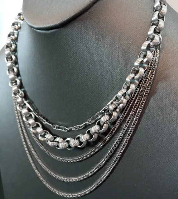 Gina Carmen Signed Silver Tone Chain Necklace Chunky Multi Strand Statement
