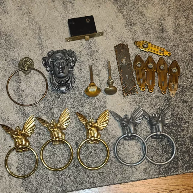 Misc Lot 7  Vintage Brass Door Knockers Knobs Deadbolt Lips Gargoyle Mortise