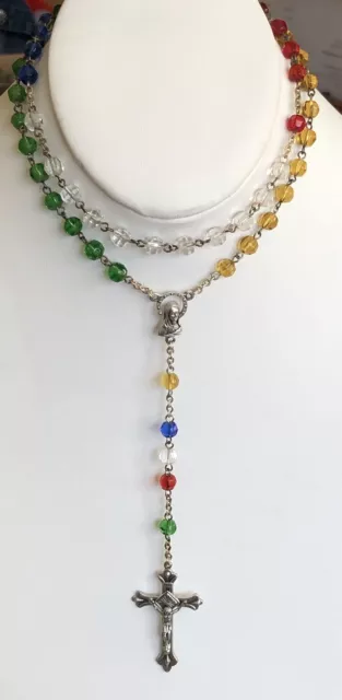INRI Italy Rainbow Glass Beads Silvertone Metal Crucifix Christianity Religion