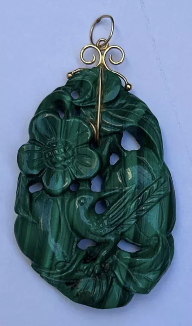 14KT MALACHITE PENDANT with 14k gold Decorative Bale. Carved Bird And Fruit