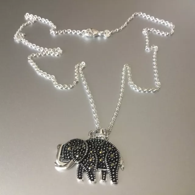 Silver Plated Swarovski Marcasite Elephant Pendant Necklace 18” NEW