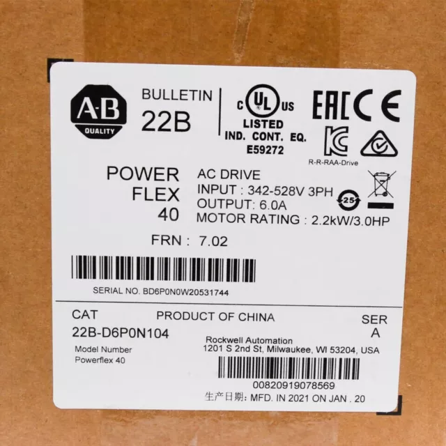 Allen-Bradley 22B-D6P0N104 PowerFlex 40 2.2KW/3.0HP AC Drive 22BD6P0N104