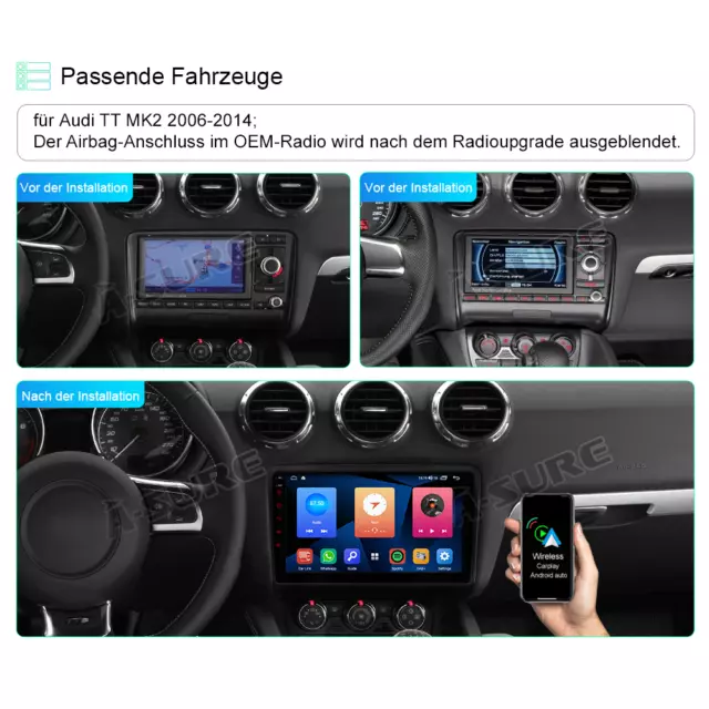 9" Android 12 GPS Navi Autoradio 2GB+32GB Carplay DAB+ für Audi TT TTS 8N 8J 3