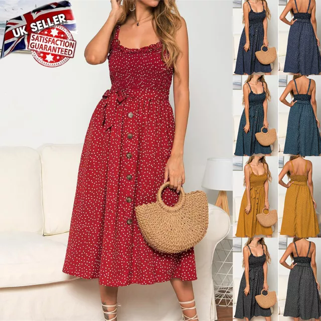 Womens Boho Midi Dress Strappy Button Summer Beach Ladies Holiday Cami Sundress