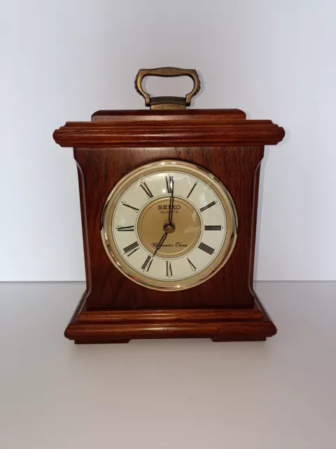 Seiko Quartz Mantel Westminster Chime Carriage Clock Solid Wood Case QXJ204BN