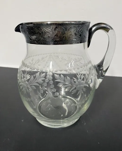 Vintage Sterling Silver Overlay on Clear Cut Glass Floral Design Pitcher 7.75”