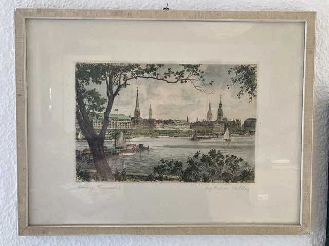 HAMBURG BINNENALSTER Adolf Mühlhan Kolorierte Radierung 1960er