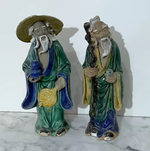 Group Of Two (2) Old Chinese Painted Ceramic Figurines Of Elder Men Figures