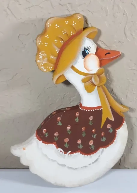 Homemade Hand Painted Wooden Wall Decor Goose W/ Bonnet 10 X 8