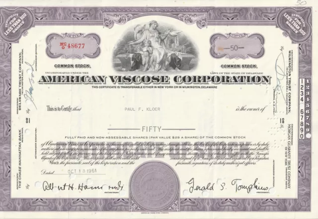 +++ Viscose + Aktie + Historisches Wertpapier +Usa +Certificate +Chase Manhattan