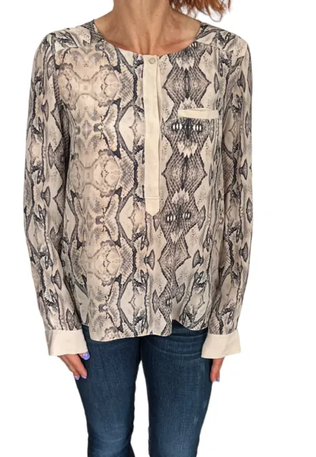 Rebecca Taylor Silk Animal Snake Print Pale Pink Long Sleeve Henley Blouse Top 4