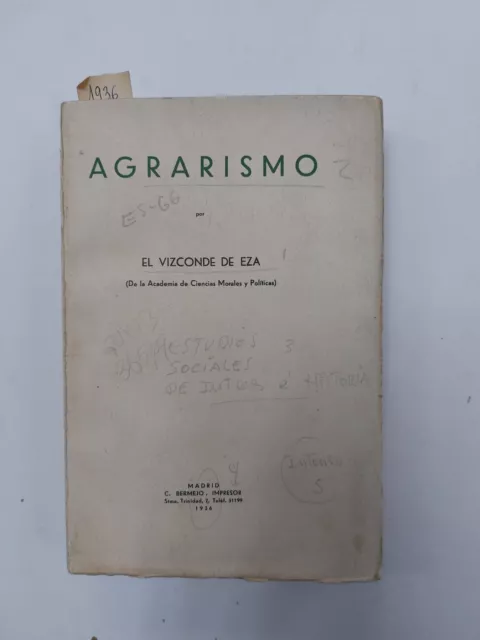 Libro Antiguo Siglo XX 1936 Agrarismo del Vizconde de Eza