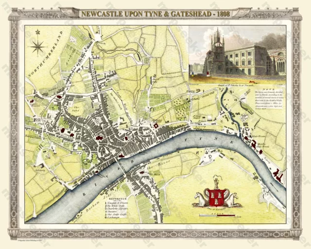 OLD MAP OF NEWCASTLE UPON TYNE - 1808 -  20"x16" PHOTOGRAPHIC PRINT