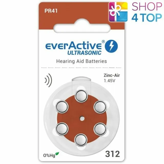 6 Everactive Ultrasonic Size 312 Mf Pr41 Hearing Aid Batteries 1.45V Zinc Air