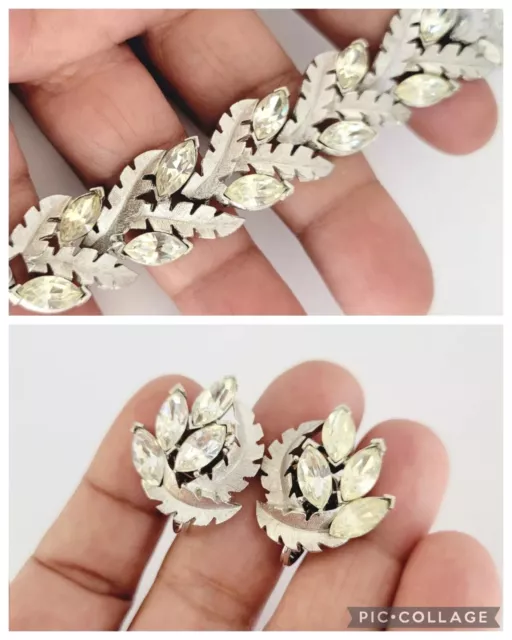 Vintage Crown Trifari Rhodium Plated Rhinestone Bracelet & Earrings Set *As Is*