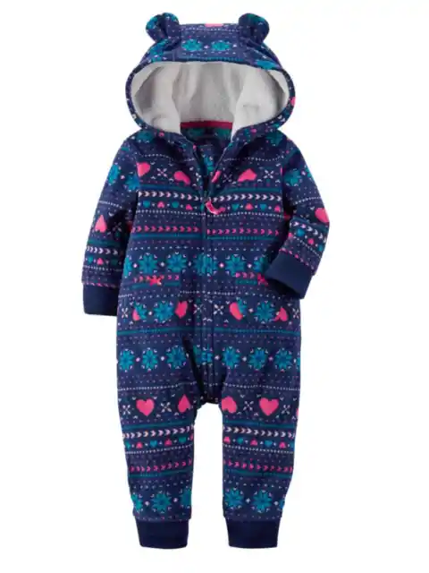 Carters Infant Girls Blue FairIsle Hooded Fleece Jumpsuit Coverall Outfit