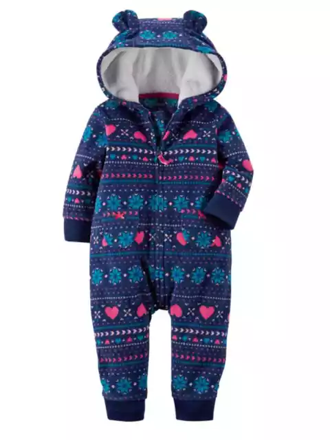 Carters Infant Girls Blue FairIsle Hooded Fleece Jumpsuit Coverall Outfit 9m