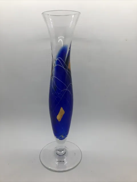Mouth Blown Hand Made Romania Vase Cobalt Blue Gold Mosaic Bud Vase 11” Glass