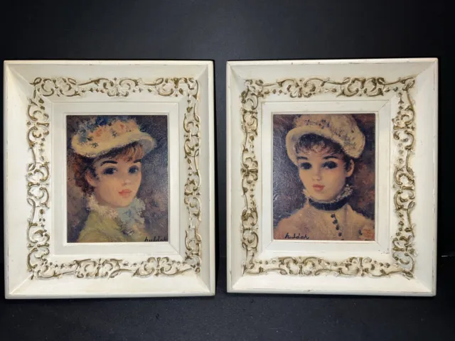 Vintage Pair French Country Victorian Style Ladies Portrait Framed Pictures 7x8
